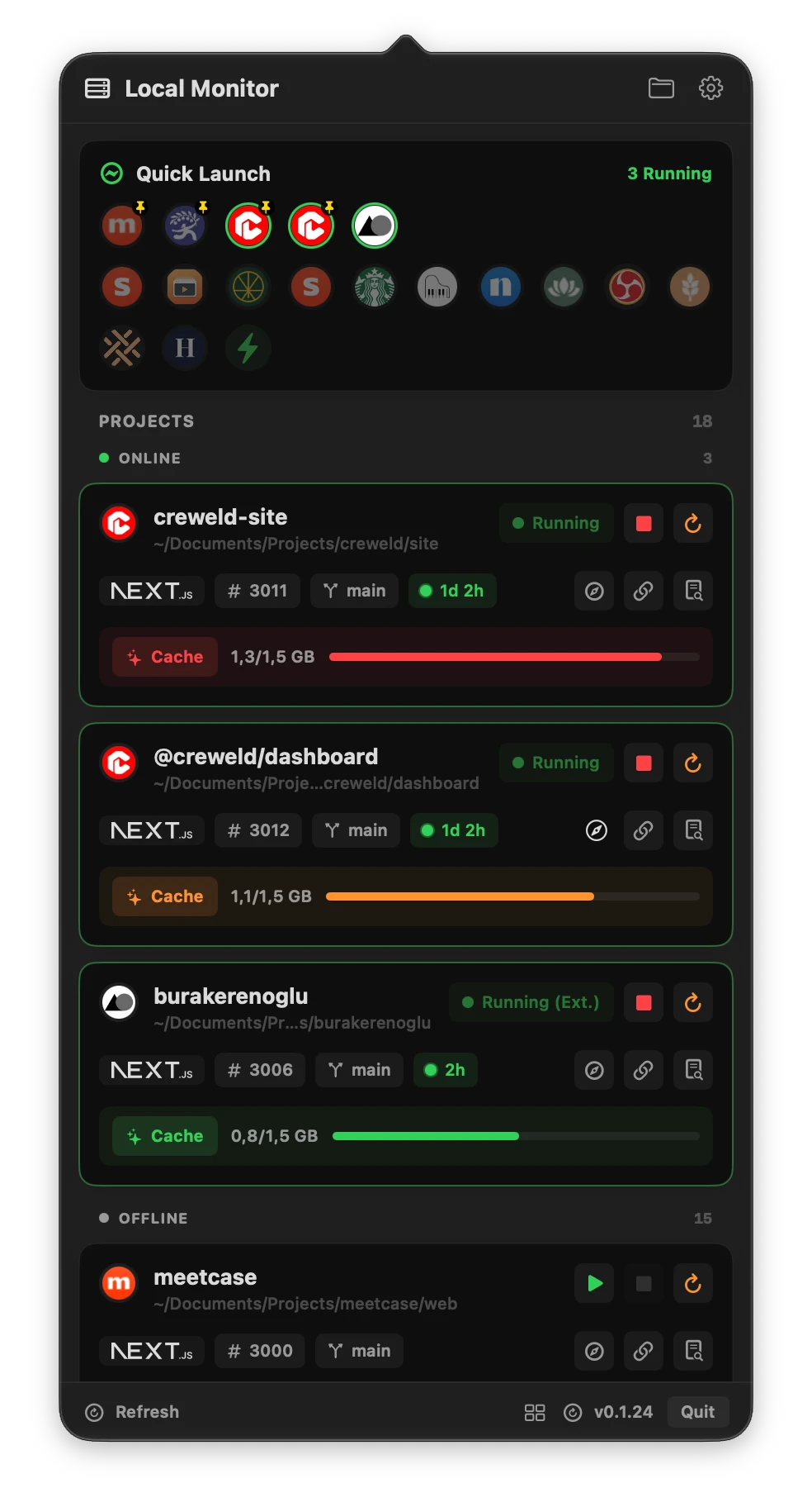Local Monitor Quick Launch panel with pinned projects, three running local servers, saved ports, restart controls, browser shortcuts and framework cache sizes.