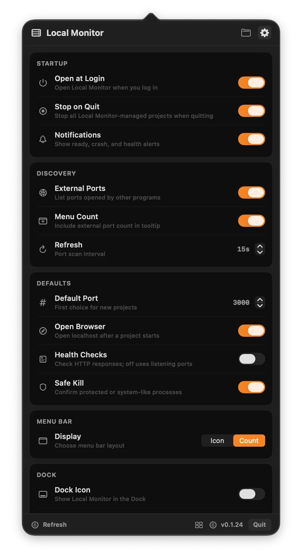 Local Monitor settings for startup, notifications, external-port discovery, default port, browser opening, HTTP health checks, Safe Kill, menu bar display and Dock visibility.